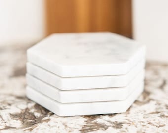 White Marble Coasters with Cork - Set of 4, 6, 8 - Select Polished or Honed