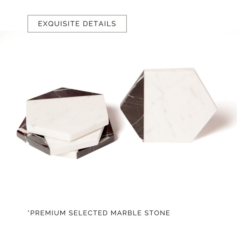 May include: Set of four black and white marble hexagon coasters.  "EXQUISITE DETAILS" and "PREMIUM SELECTED MARBLE STONE" are printed on the white background.