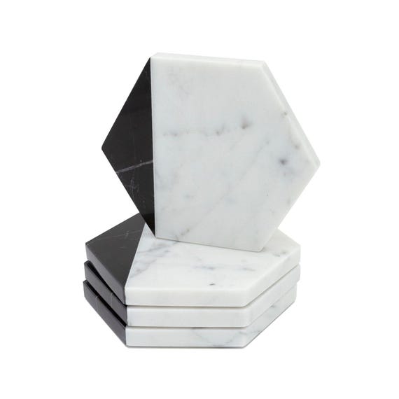 Black and White Marble Coasters, Hexagon Stone Drinkware, Modern Home Decor Set 4, 6, 8