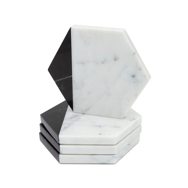 Schwarz-Weiß-Marmor-Untersetzer, Hexagon-Stein-Trinkgefäß, modernes Wohnkultur-Set 4, 6, 8 Bild 1