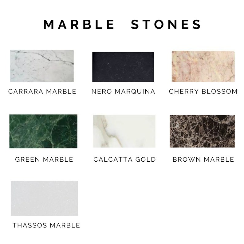 May include: A collection of marble stones in various colours and patterns, including Carrara marble, Nero Marquina, Cherry Blossom, Green Marble, Calcatta Gold, Brown Marble, and Thassos Marble.