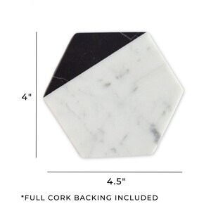 May include: Black and white marble hexagon coaster with a cork backing. The coaster measures 4.5 inches wide and 4 inches tall.
