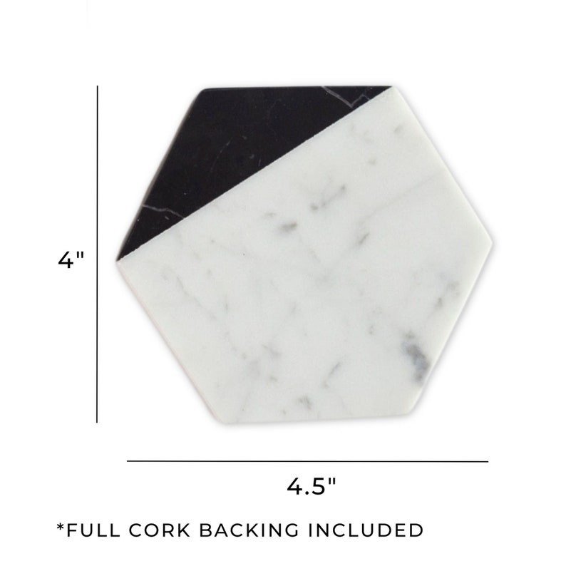 May include: Black and white marble hexagon coaster with a cork backing. The coaster measures 4.5 inches wide and 4 inches tall.