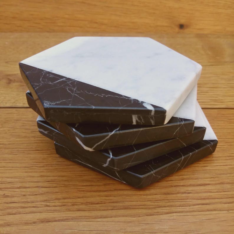 Schwarz-Weiß-Marmor-Untersetzer, Hexagon-Stein-Trinkgefäß, modernes Wohnkultur-Set 4, 6, 8 Bild 6