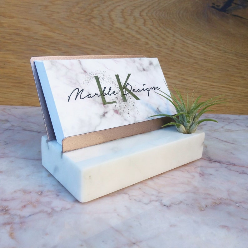 Business Card Holder, Rose Gold Office Decor, Business Card Holder for Desk, Business Card Holder for Women, Marble Decor, Air Plant Office 