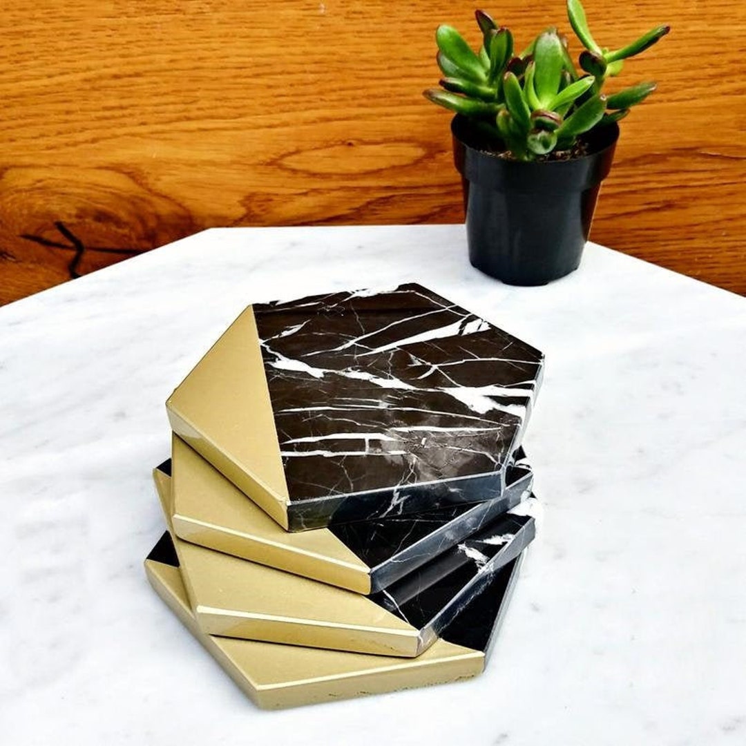 Black Marble Coasters, Black and Rose Gold Decor, Rose Gold Coasters
