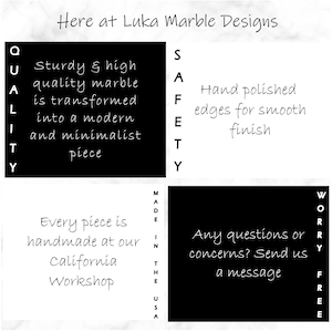 May include: Black and white image with text describing the quality, safety, and craftsmanship of marble pieces. The text reads "Quality", "Safety", "Made in the USA", and "Worry Free".