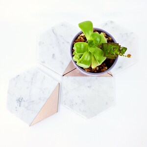 May include: Four white marble coasters with a rose gold trim. The coasters are arranged in a geometric pattern with a small succulent plant in a purple pot in the center.