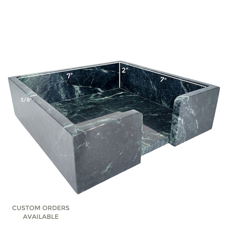 Green marble napkin holder with light veining. Dimensions are 7 inches; internal width and length, 2 inches; internal height, and 3/8 inches; thick. Text reads as Custom Orders Available.