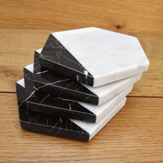 Black and White Marble Hexagon Coasters, Heat Resistant Drink Mats, Set of 4, 6, 8