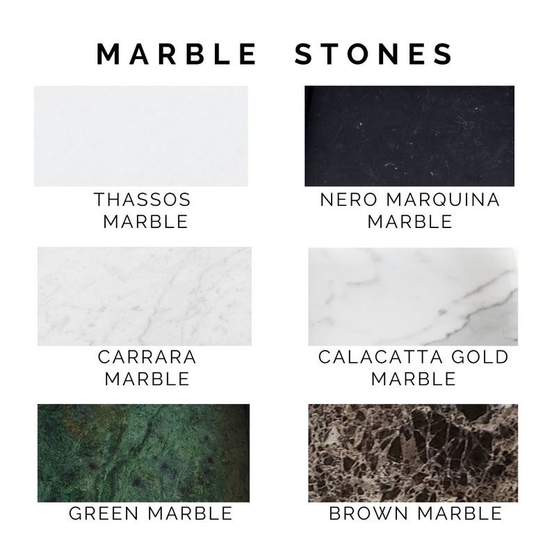 Image shows six marble swatches labeled: Thassos (white), Nero Marquina (black), Carrara (grey with veining), Calacatta Gold (white with grey veining), Green Marble, and Brown Marble.