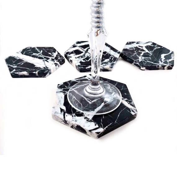 Hexagon Black Marble Coasters – Set of 4, 6 Elegant Drink Coasters with Cork Backing for Modern Decor