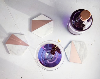 Rose Gold and White Carrara Marble Drink Coasters, Modern Home Decor Accessories,  Hexagonal Stone Coaster Set of 2, 4, 6