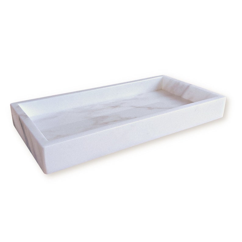 Handmade Calacatta Gold marble vanity tray, natural stone, polished finish, made in California.
