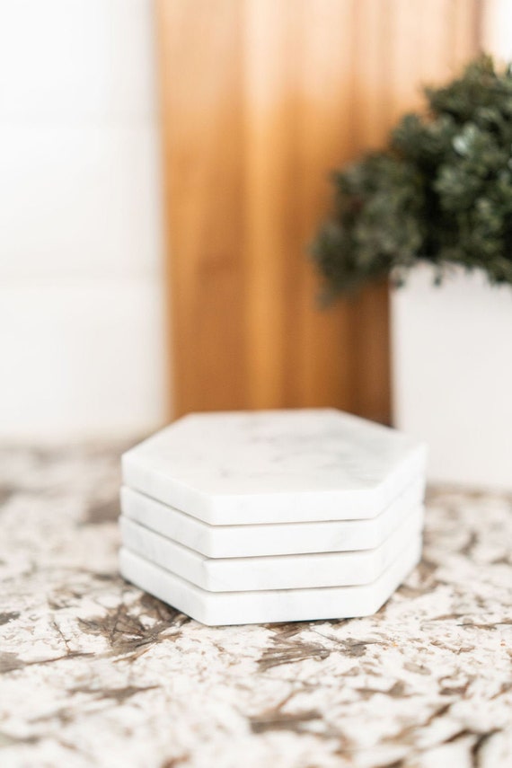 White Marble Coasters with Cork - Set of 4, 6, 8 - Select Polished or Honed
