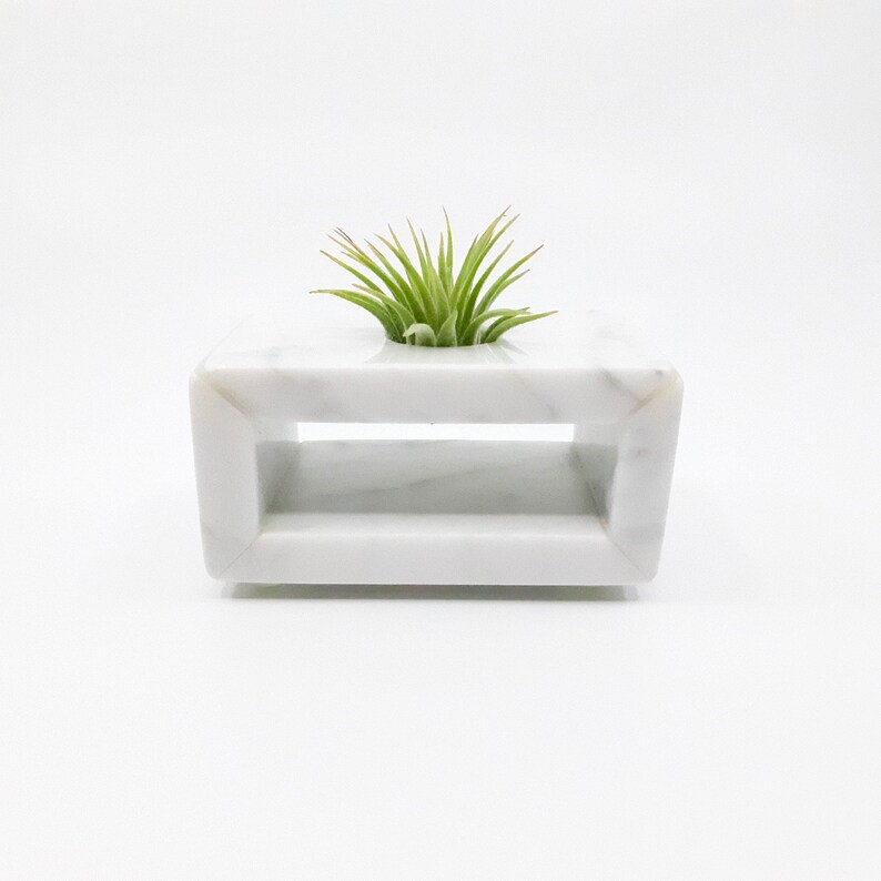 May include: A white marble planter with a rectangular opening, featuring a small green air plant growing inside.