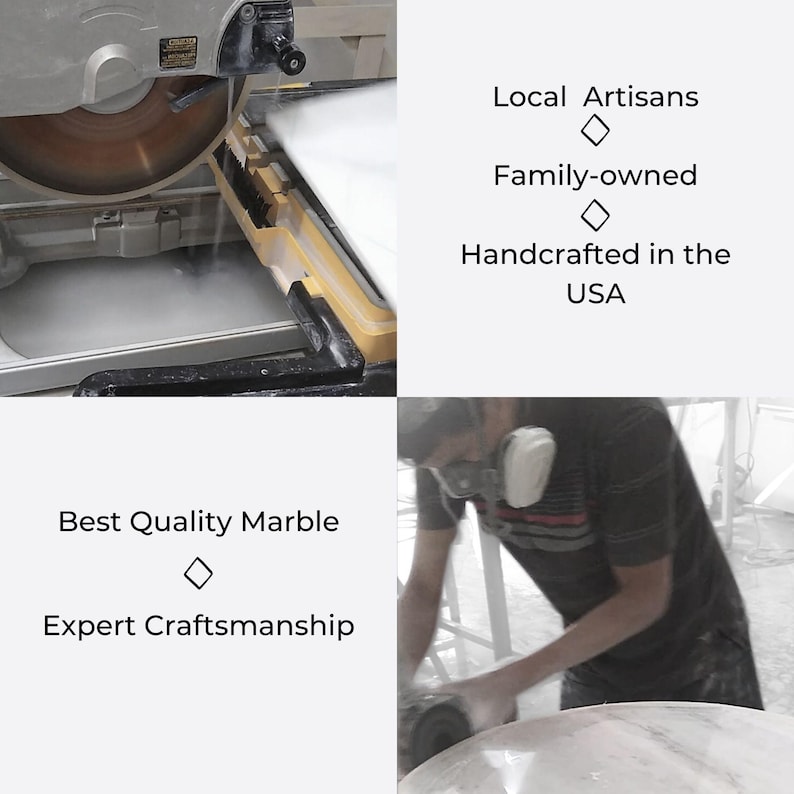 May include: Image of marble being cut with a saw and a person working on a marble surface. Text on the image reads: Local Artisans, Family-owned, Handcrafted in the USA, Best Quality Marble, and Expert Craftsmanship.