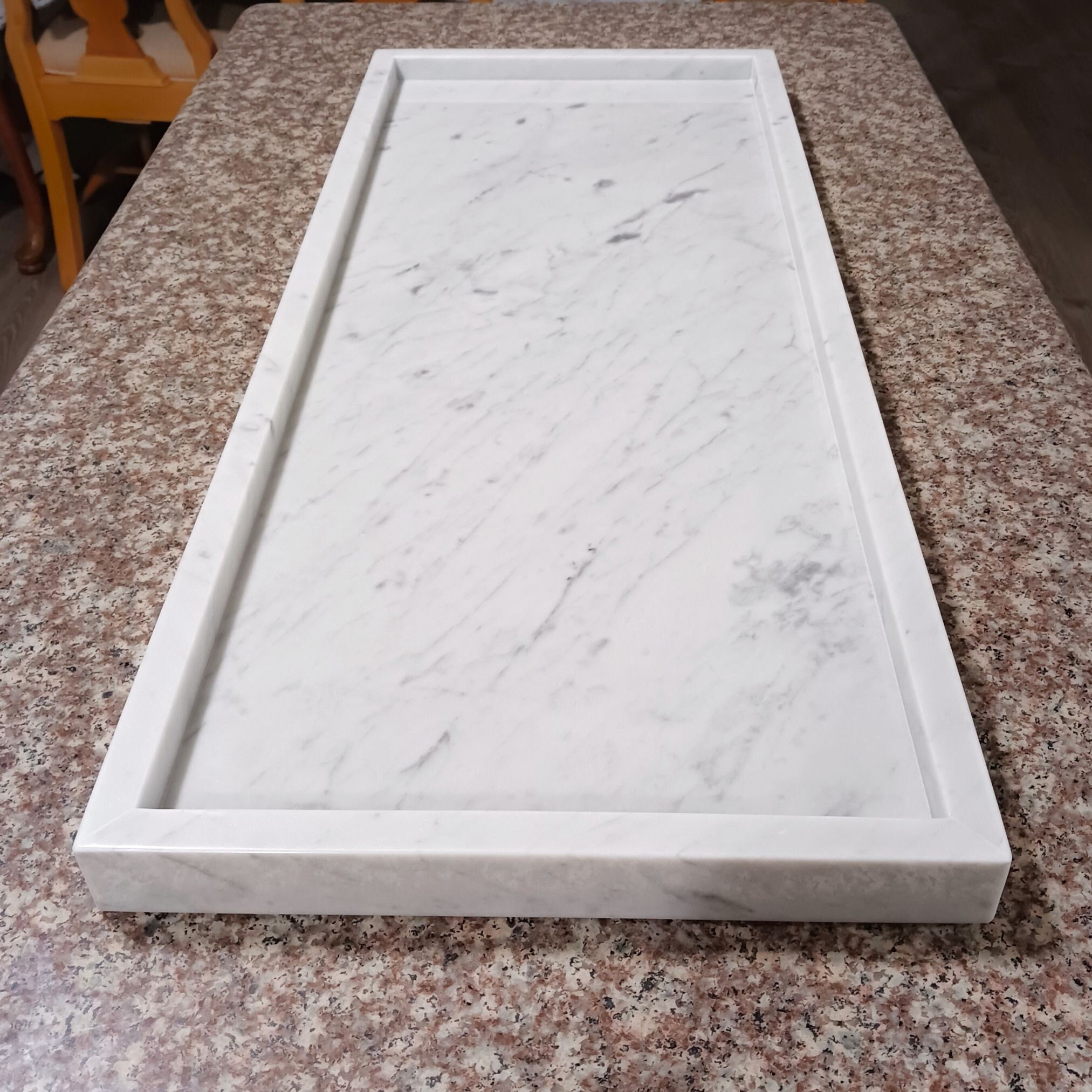 Extra Long Marble Rectangular Decorative Tray, Carrara Table Centerpiece Organizer, 32 x 13 Inches