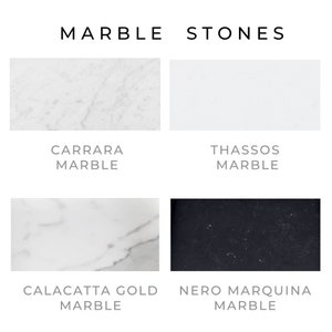 A comparison chart of different marble stones. It features four types: Carrara Marble, Thassos Marble, Calacatta Gold Marble, and Nero Marquina Marble. Each type is shown with its unique color and veining characteristics.