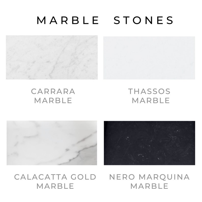 A comparison chart of different marble stones. It features four types: Carrara Marble, Thassos Marble, Calacatta Gold Marble, and Nero Marquina Marble. Each type is shown with its unique color and veining characteristics.