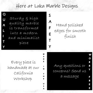 May include: Black and white image with text describing the quality, safety, and craftsmanship of marble pieces. The text reads "Quality", "Safety", "Made in the USA", and "Worry Free".