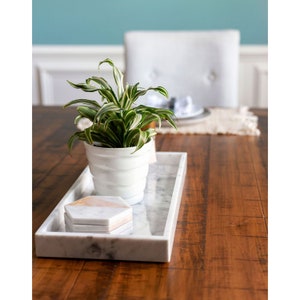 A rectangular Carrara marble tray is displayed on a wooden table, holding a white planter with a green leafy plant and a stack of hexagonal marble coasters. The tray’s smooth surface and grey veining enhance the elegant look.