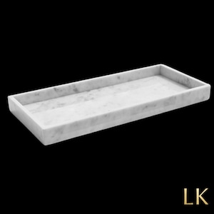 Large Rectangle White Marble Serving Tray Organizer, Dining Table Centerpiece Countertop Decorative Tray, Bath Vanity Tray, 8 x 18 Inches