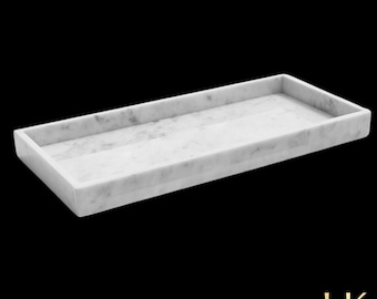 Large Rectangle White Marble Serving Tray Organizer, Dining Table Centerpiece Countertop Decorative Tray, Bath Vanity Tray, 8 x 18 Inches