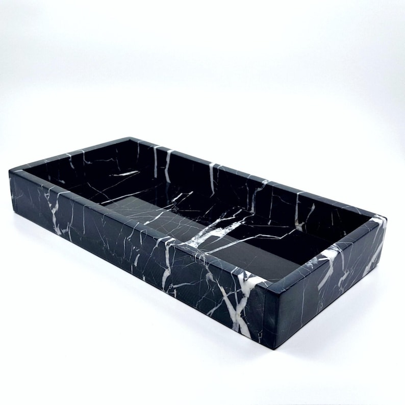 Black Rectangle Marble Tray Organizer, Bathroom Vanity Decor, Select Marble image 1