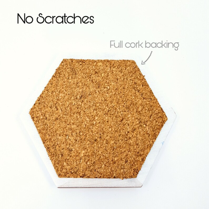 May include: Hexagon-shaped cork coaster with a white border. The coaster has a cork backing and the text "Full cork backing" is written on the image.