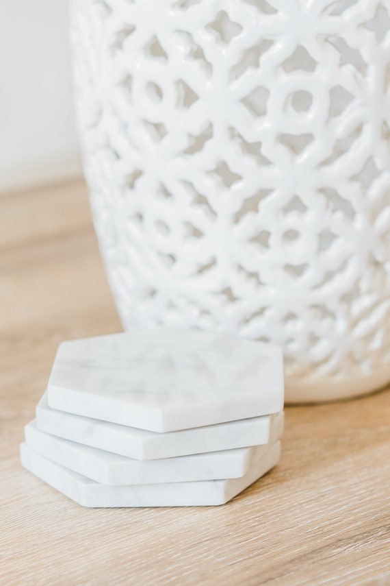 Carrara Marble Hexagon Coasters with Cork Backing, Polished or Honed Finish, Set of 4, 6, or 8