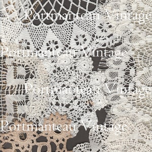 May include: A collection of vintage lace doilies in white and beige. The doilies are made of delicate crochet and have a variety of patterns. The text "Portmanteau Vintage" is repeated throughout the image.