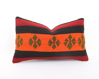 Handmade Turkish Kilim Lumbar Pillow: Vintage Woven Cushion (12x20)