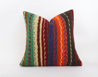 Vintage Turkish Kilim Pillow: 20'' Square Anatolian Cushion