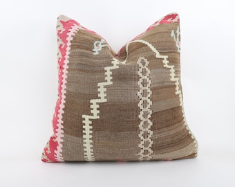 Vintage Turkish Kilim Pillow: 20'' Wool Anatolian Cushion