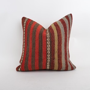 Vintage Kilim Pillow Cover, Handwoven Wool Bohemian Cushion (18''x18'') image 1