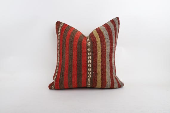 Vintage Kilim Pillow Cover, Handwoven Wool Bohemian Cushion (18''x18'')
