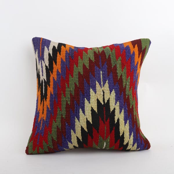 Handmade Turkish Kilim Pillow: Embroidered Wool Cushion Cover (18''x18'')