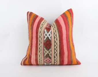 Handwoven Wool Kilim Pillow Cover 20x20 Inch, Boho Decorative Cushion Case
