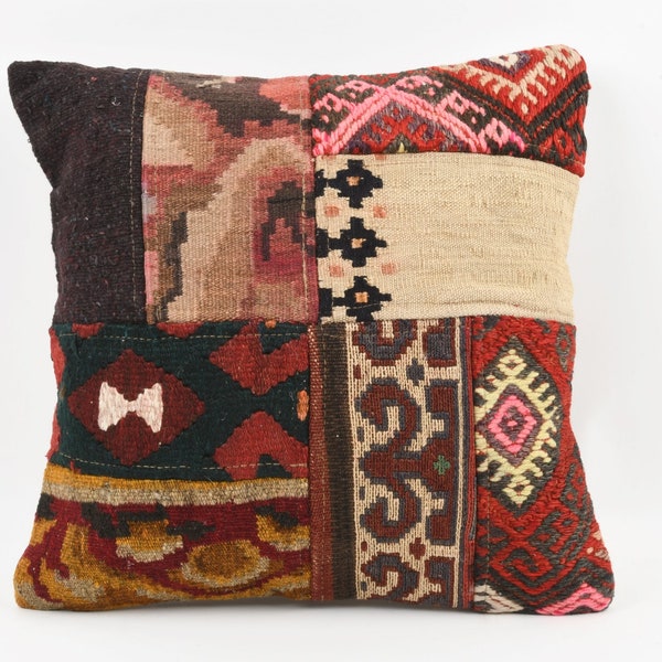 Handmade Turkish Kilim Pillow: Embroidered Wool Cushion Cover (18''x18'')