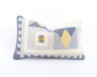 Handmade Turkish Kilim Lumbar Pillow: Vintage Woven Cushion (12x20)