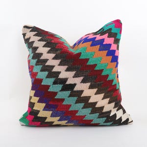 Vintage Kilim Pillow, Handwoven Wool, 20x20 Inch Anatolian Decorative Cushion image 1