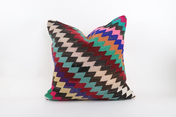Vintage Kilim Pillow, Handwoven Wool, 20x20 Inch Anatolian Decorative Cushion