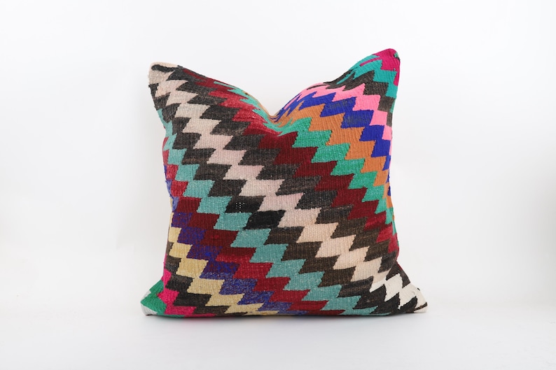 Vintage Kilim Pillow, Handwoven Wool, 20x20 Inch Anatolian Decorative Cushion image 1