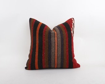 手作りトルコキリム枕：刺繍ウールクッションカバー（18インチ×18