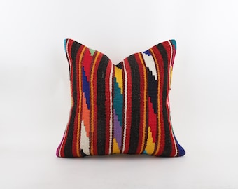 Handmade Turkish Kilim Pillow Cover: Boho Cushion, 20x20