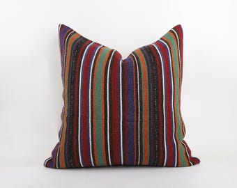 Handwoven Turkish Kilim Pillow, Bohemian Wool Home Decor (24x24'')