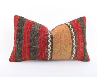 Federa per cuscino Kilim turco intrecciata a mano: decorazione boho per soggiorno (12x20)