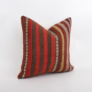 Vintage Kilim Pillow Cover, Handwoven Wool Bohemian Cushion (18''x18'') image 3