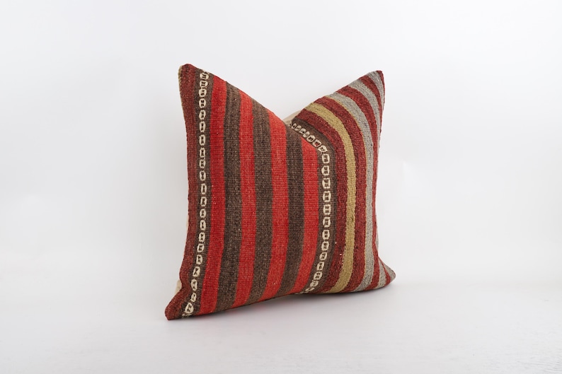 Vintage Kilim Pillow Cover, Handwoven Wool Bohemian Cushion (18''x18'') image 3